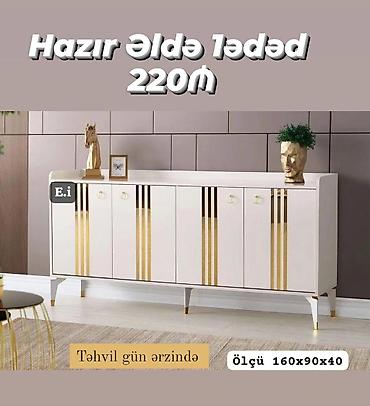 multik sekilleri: Mebel – ağ rəngdə, qızılı dekor zolaqları ilə modern konsol/komod. - — 1