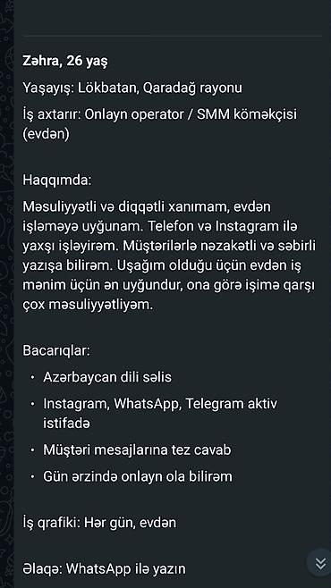 təcrübəsiz iş elanları bakı: Onlayn operator / SMM köməkçisi (evdən) Profil: - 26 yaş - Yaşayış — 1