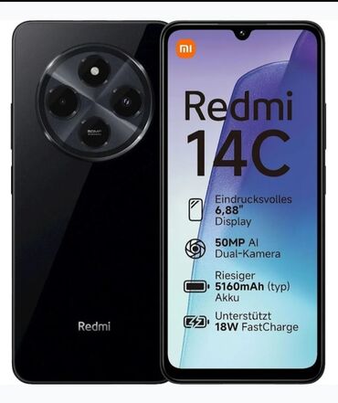 texno spark 20: Redmi 14C, 128 ГБ, цвет - Черный, Отпечаток пальца, Две SIM карты, Face ID