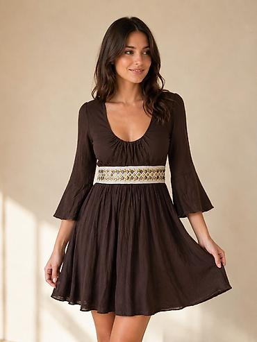 bluze elegante: Haljina mini dužine u boho stilu, tamno braon boje. Dubok okrugli — 2