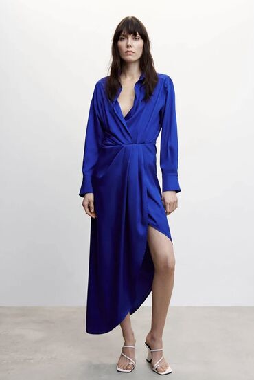 шикарное вечернее синее платье: Вечернее платье, Длинная модель, Атлас, С рукавами, XS (EU 34)