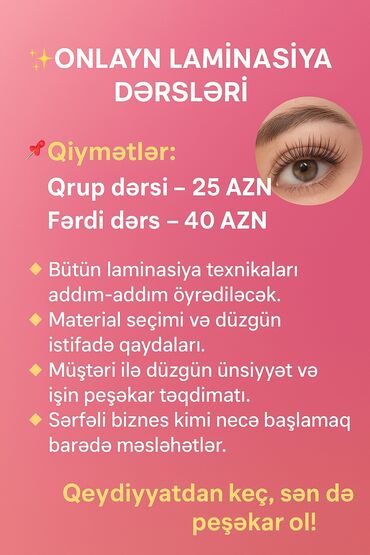 Repetitorlar: Kirpik qaynağı kursu, Fərdi, Qrup, Diplom, sertifikat