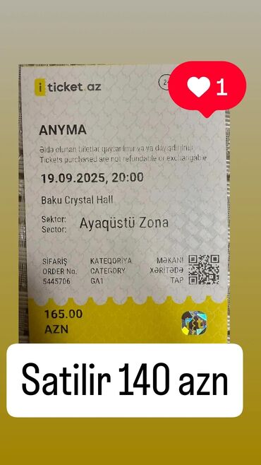 İdman formaları: Məhsul: Konsert bileti Tədbir: ANYMA Tarix və saat: 19.09.2025