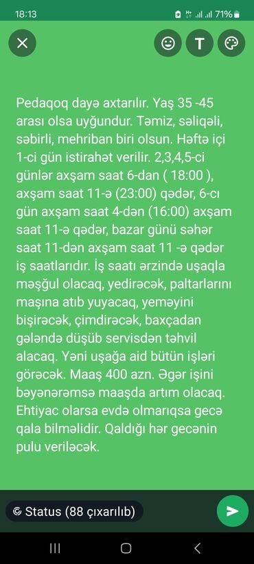 bağ evinə: Dayə tələb olunur, 30-45 yaş, 3-5 illik təcrübə, 6/1