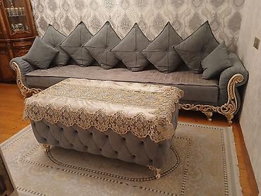 mavi divan: Klassik üslublu qonaq otağı mebel dəsti - Divan: Zərif qızılı oyma — 3
