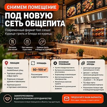кут курулуш компания: Снимем помещение под новую сеть общепита (fast casual) Ищем помещение — 1