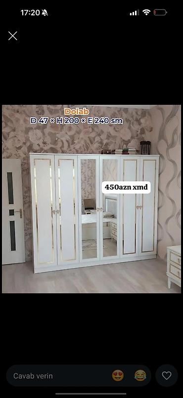 Dolab – ölçülər: D 47 × H 200 × E 240 sm. Ağ rəngli, qızılı dekor