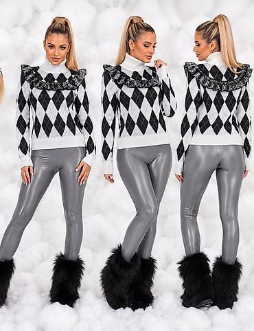 helanke sa krznom: Ženski zimski outfit – rolka džemper + uske sjajne helanke + krznene — 4