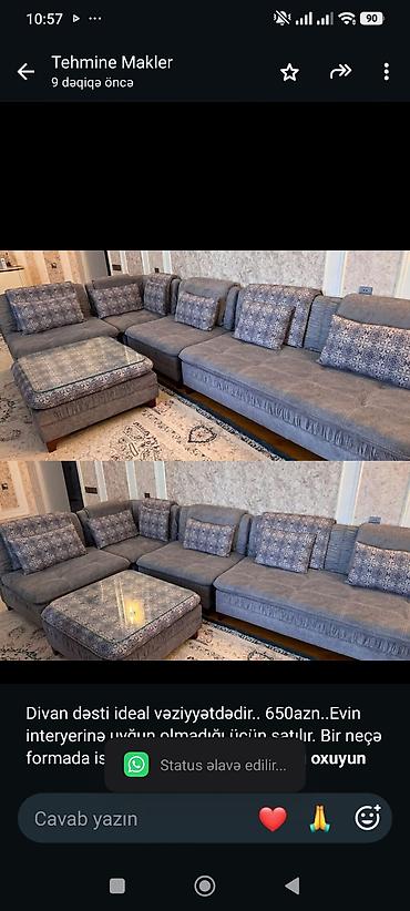 Divan dəsti ideal vəziyyətdədir. 650azn. Evin interyerinə uyğun