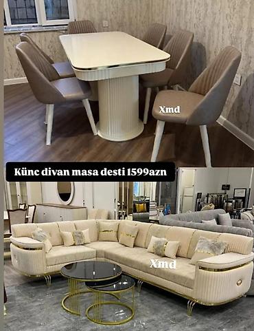 qədimi masa: Künc divan və masa dəsti - Zərif, krem rəngli künc divan: qabarıq — 1