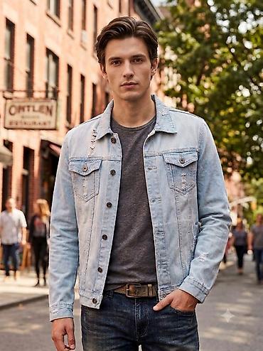 cins kurtqa: Açıq mavi jeans pencək - Klassik düyməli model, sərt yaxalıq - Ön — 1