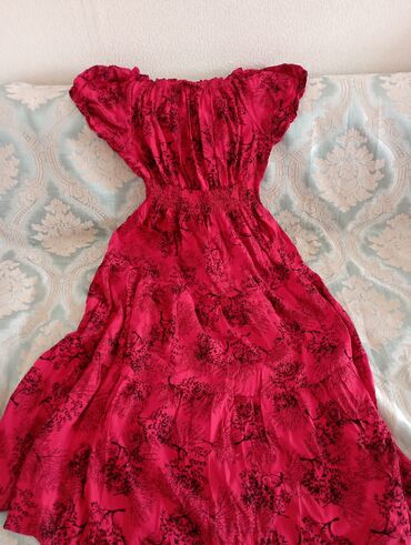 красное платье: Повседневное платье, Турция, Лето, Средняя модель, Лен, Крестьянка, XL (EU 42)