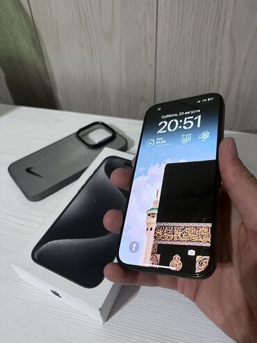 прес для сока: IPhone 15 Pro, Колдонулган, 256 ГБ, Black Titanium, Коргоочу айнек, Каптама, Куту, 90 %