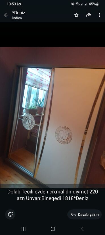 xacmazda tecili satilan evler: Dolab Tecili evden cixmalidir qiymet 220 azn Unvan:Bineqedi 1818*Deniz