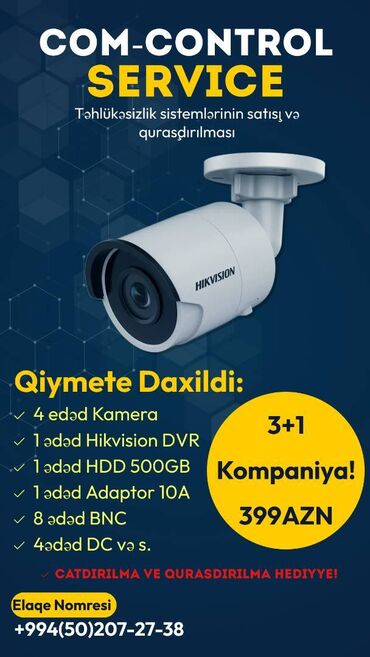 kamera satışı və quraşdırılması: ✅Hikvision kameralari (İÇ və CöL) ✅500GB HDD (7-10gün) ✅12 v 10 amper