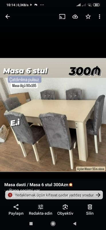 Masa və oturacaq dəstləri: Qonaq otağı üçün, Yeni, Açılmayan, Dördbucaq masa, 6 stul — 17