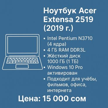 пк для офиса: Ноутбук, Acer, 4 ГБ ОЗУ, Intel Pentium, 15.6 ", Б/у, Для несложных задач, память HDD + SSD
