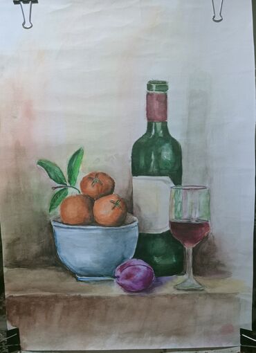 pişik sekilleri: Akvarel natürmort tablo. Vərəqin ölçüsü A2dir və ev dekoru üçün