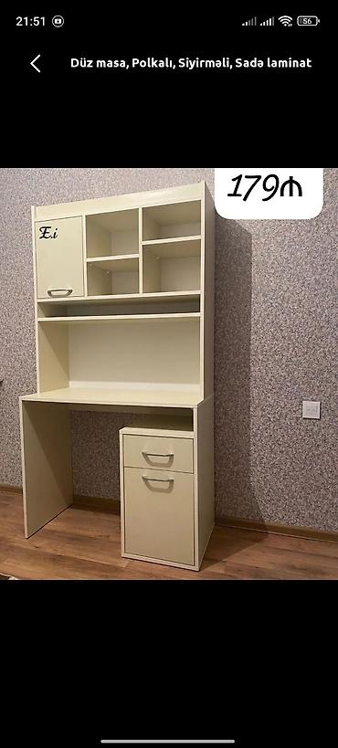 ofis aksesuarları: Düz iş masası – polkalı və siyirməli, sadə laminatdan. Xüsusiyyətlər — 1