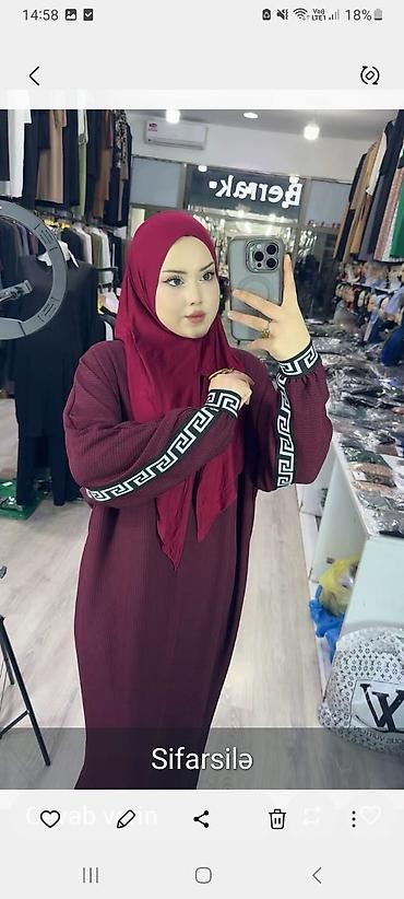 Hicab: Qadınlar üçün təkrəng maxi paltar - Rəng: bordó/şərab qırmızısı - — 1
