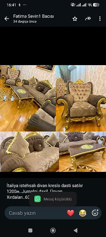 İtaliya istehsalı divan kreslo dəsti satılır 1200₼. Jurnalni