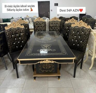 Masa və oturacaq dəstləri: Qonaq otağı üçün, Yeni, Açılmayan, Dördbucaq masa, 6 stul — 10