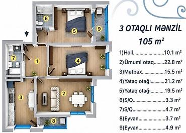 shokolad tower: Ağ şəhər, 3 otaqlı, Yeni tikili, m. Xətai, 105 kv. m — 3