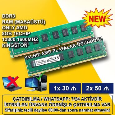 16 gb ram: Operativ yaddaş (RAM) Kingston, 8 GB, 1600 Mhz, DDR3, PC üçün, Yeni