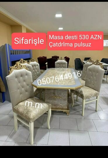 Masa və oturacaq dəstləri: Qonaq otağı üçün, Yeni, Açılan, Dördbucaq masa, 6 stul — 14