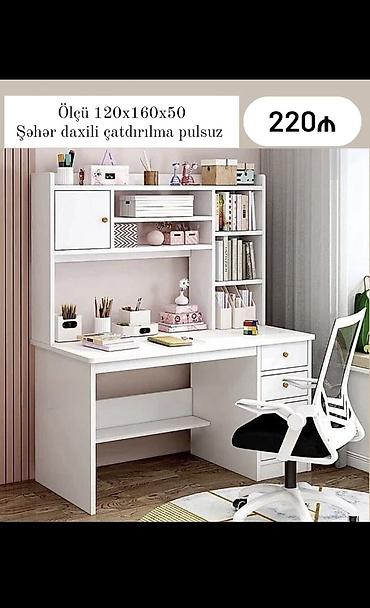 Ev və bağ: Ağ rəngli funksional iş/oxu masası və üst rəf modulu. Ölçü — 1