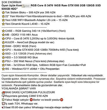 Masaüstü kompüterlər və iş stansiyaları: ŞOK ENDİRİM!!! Oyun üçün Kompüter "RGB Core i5 3470 16GB Ram GTX1050 — 2