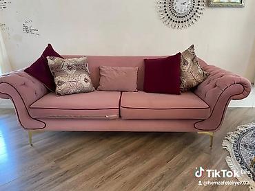 5 ton: Pudra-çəhrayı rəngdə elegant 3 nəfərlik divan - Yumşaq məxməri/parça — 1