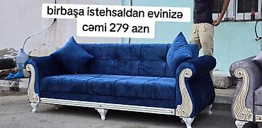 Mavi məxməri üslubda 3 nəfərlik divan - Rəng: dərin mavi - Parça