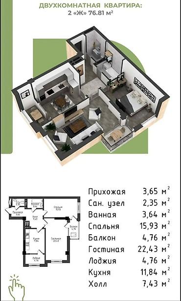 2 комнаты, 76 м², Асанбай мкр Элитка, 14 этаж, ПСО (под самоотделку)