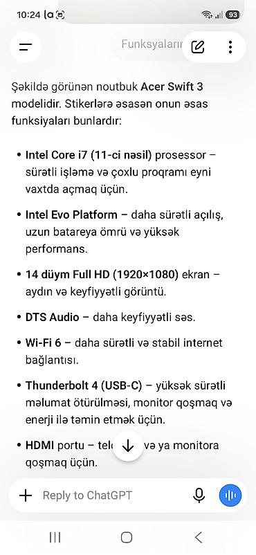 acer swift 3: Acer Swift 3 ultrabook Xüsusiyyətlər: - 14" Full HD (1920×1080) ekran — 5