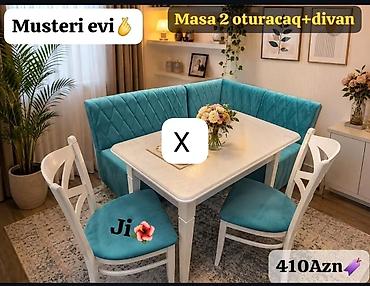 l masalar: Mətbəx/dining dəsti – Masa + 2 stul + künc divan - Künc divan: mavi — 1