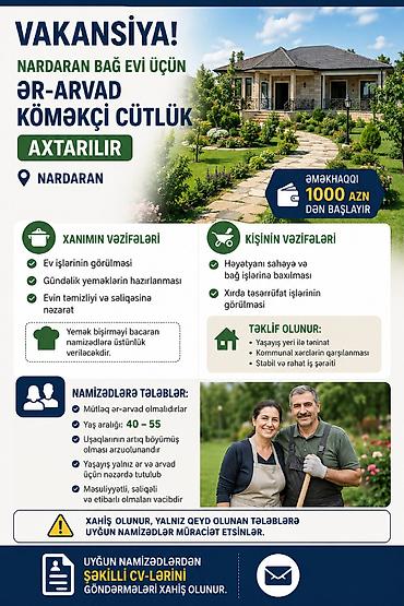 Əməkdaş axtarışı (vakansiyalar): Ev köməkçisi tələb olunur, 6/1, 1 ildən az təcrübə, Aylıq ödəniş — 1