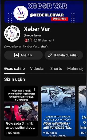 Готовый бизнес: Satılır: “Xəbər Var” adlı YouTube kanalı Xüsusiyyətlər: - Platforma — 2