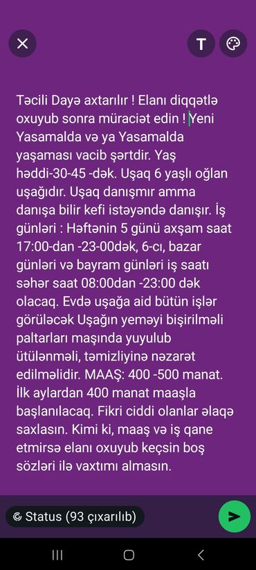 Xadimələr, təmizlikçilər: Dayə tələb olunur, 30-45 yaş, 3-5 illik təcrübə, Dəyişən qrafik