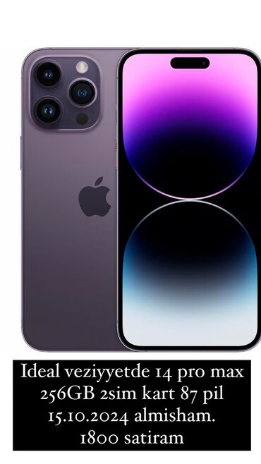 Apple iPhone: IPhone 14 Pro Max, 256 GB, Deep Purple, Sənədlərlə