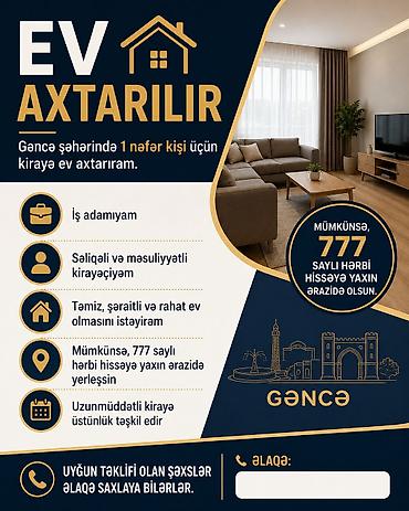 gence gulustan: Gəncə şəhərində 1 nəfər kişi üçün kirayə ev axtarılır. - İş adamıyam — 1