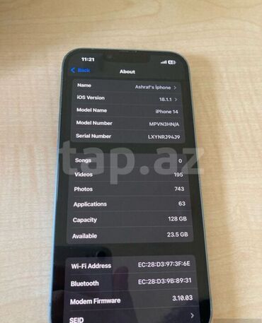 iphone xs 360: IPhone 14, 128 GB, Mavi, Barmaq izi, Simsiz şarj, Face ID