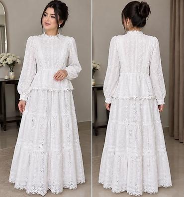 yeni model kurtkalar: Ağ rəngli, zərif göz-naxışlı (broderie anglaise) maxi don. - Yüksək — 1