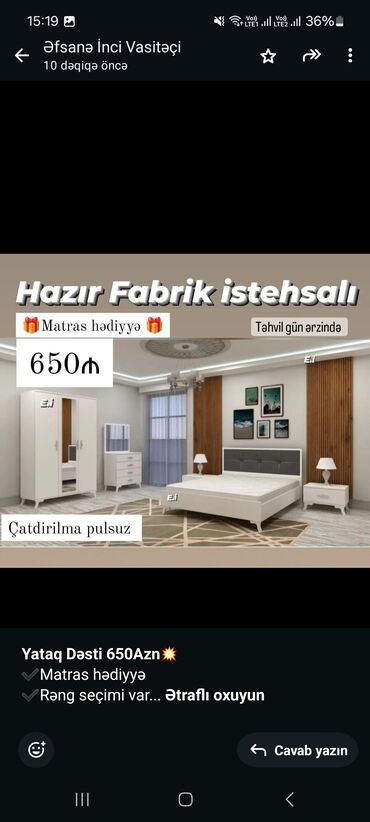 quba mebel salonlari: *Yataq dəsti 650Azn💥 Matras hədiyyə* ✔️Rəng seçimi var *Şəhər daxili