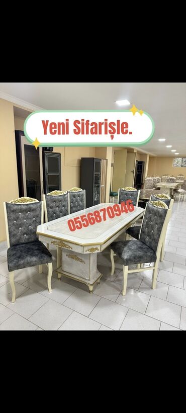 Masa və oturacaq dəstləri: Qonaq otağı üçün, Yeni, Açılmayan, Dördbucaq masa, 6 stul — 4