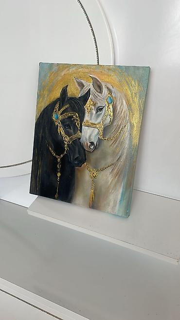 Rəsm əsəri – “İki At” Təmiz agır çekili pambıq ketan. ölçü: 40x60