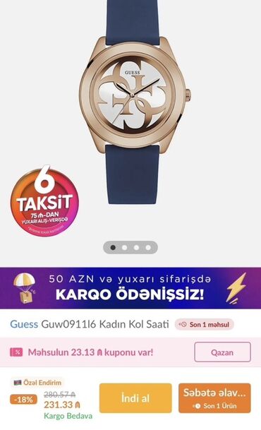 qadınlar üçün silikon əl saatları: Б/у, Наручные часы, Guess, цвет - Синий