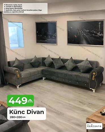 Divanlar: Künc divan – 280×200 sm - Mexanizm: açılan, bazalı (yataq funksiyalı — 1