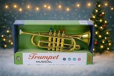 Muzički instrumenti za decu: Muzička truba – dečja igračka - Sjajna zlatna truba u kutiji “Trumpet — 10