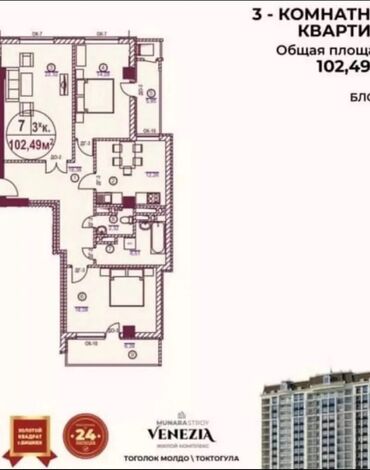 Продажа квартир: 3 комнаты, 102 м², Элитка, 15 этаж, ПСО (под самоотделку) — 8